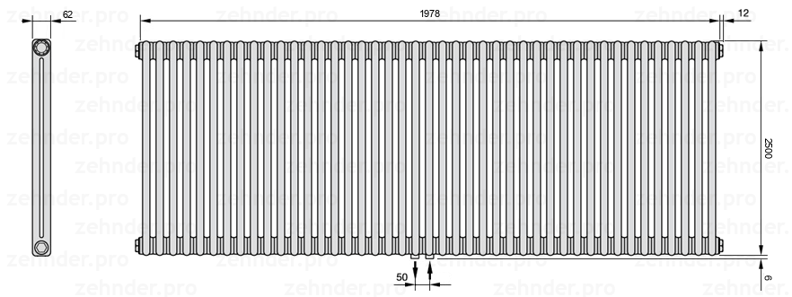 Схема (чертеж) Радиатор Zehnder Charleston 2250/43 №5410 Белый глянцевый RAL 9016